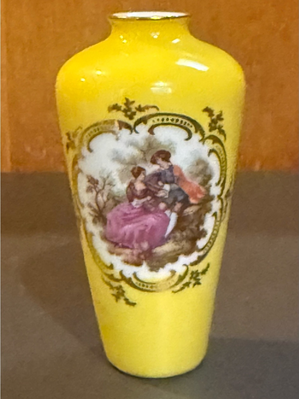 Miniature Porcelaine Limoges Castel France Vase 3.5” Yellow & Gold Trim
